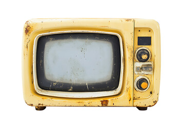 Isolated vintage television set with yellowed plastic casing and visible signs of wear and tear