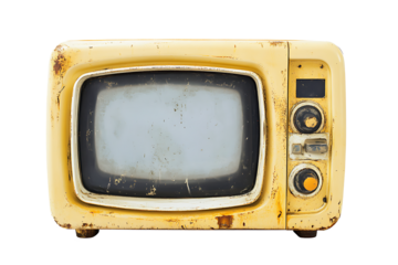 Isolated vintage television set with yellowed plastic casing and visible signs of wear and tear