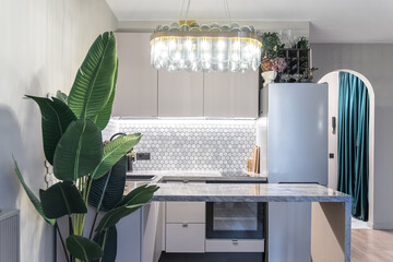stylish design of small kitchen in shades of gray. Cozy atmosphere in kitchen, dim lights. Grey...