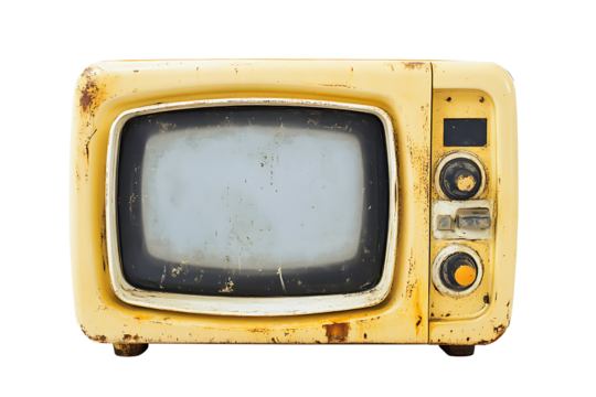 Isolated vintage television set with yellowed plastic casing and visible signs of wear and tear