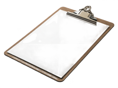 Clipboard with blank paper isolated on transparent background