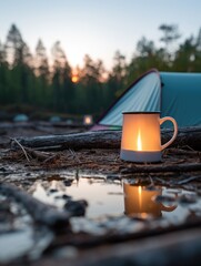 Illuminated mug reflecting in puddle near tent at dusk in a forest camping environment outdoors