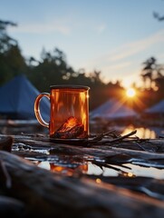 Amber glass mug with burning embers on weathered wood with tents and sunset in the background