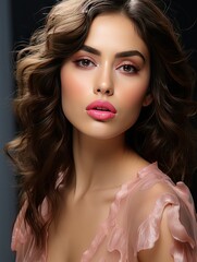 Portrait of a beautiful woman with pink lipstick and a sheer pink top looking at the camera directly