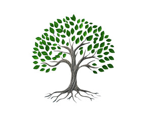 Artistic illustration of a stylized tree with vibrant green leaves against a white background