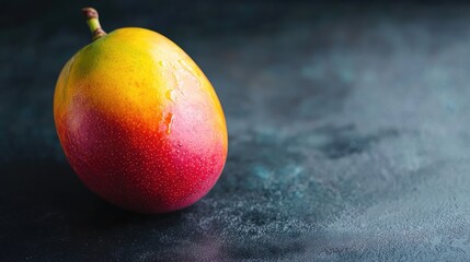 Close-up of a ripe mango on dark backdrop for healthy eating and smoothie preparation.