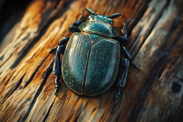 A large, dark-green beetle with metallic sheen rests on weathered wood.