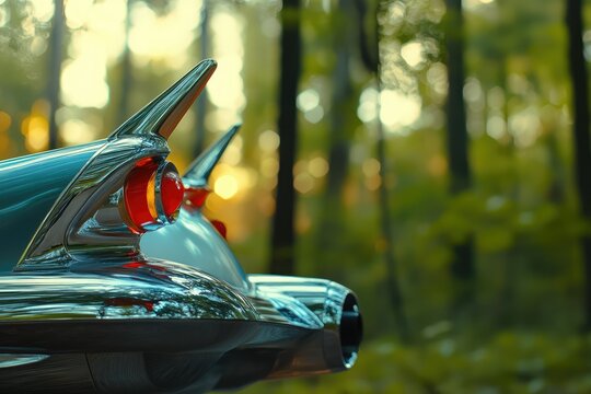 Fototapeta Classic car's tail lights gleam in a sunlit forest, showcasing elegant design and chrome details.