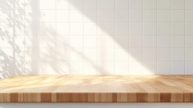 Clean white kitchen background with empty wooden tabletop for product display