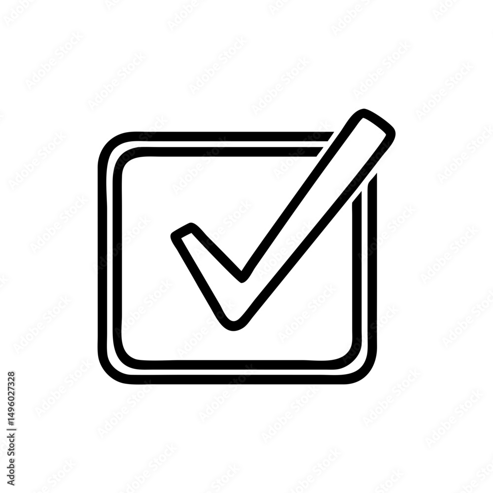 Poster a simple graphic showing a check mark inside of a double lined square shape on a white background he