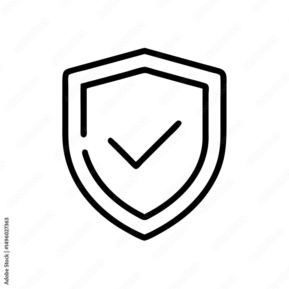 Fototapete Outline drawing showing a shield shape with a checkmark symbol inside on a white background design element