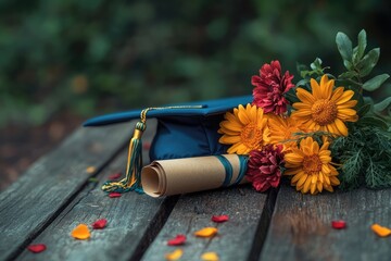 Graduation cap, diploma, and vibrant autumn flowers symbolize academic achievement and celebration.