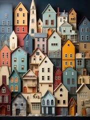A colorful collection of miniature houses and buildings stacked together in a close formation view