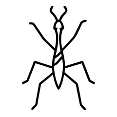 Stylized depiction of a praying mantis with thin lines and minimalist design elements present here now