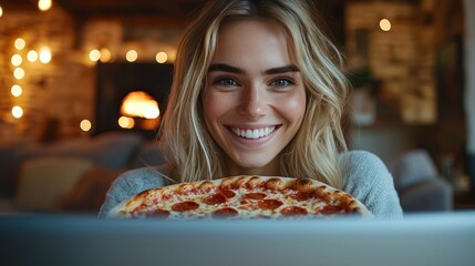 Woman smiling, holding pizza, laptop, cozy home