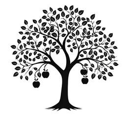 Obraz premium Black silhouette illustration of an apple tree with leaves and hanging fruit on white background