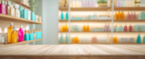 The wooden counter in front of a blurred beauty product display.