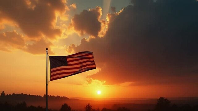 American Flag Waving at Sunset with Majestic Cloudy Sky and Silhouetted Landscape