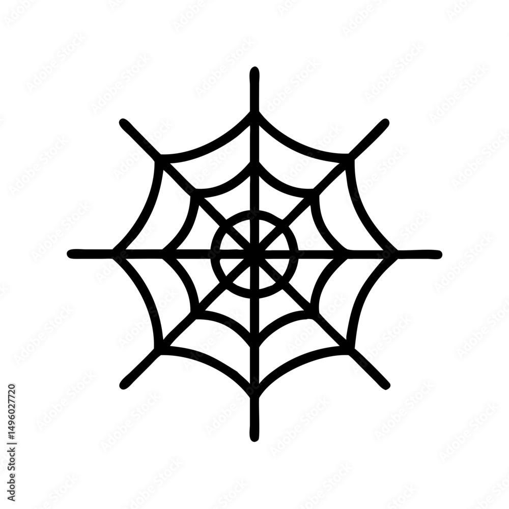 Poster a simple graphic of a spiderweb with eight points and a central circle design element that is black