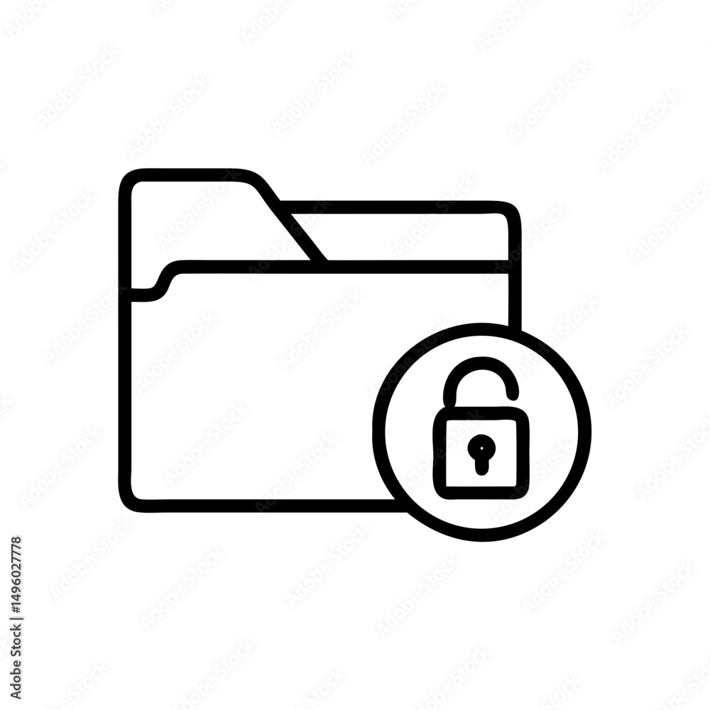 Poster a simple graphic of an open padlock icon placed over a file folder in black outline style design