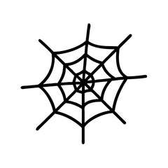 A simple graphic of a spiderweb with a black outline on a white background is displayed here