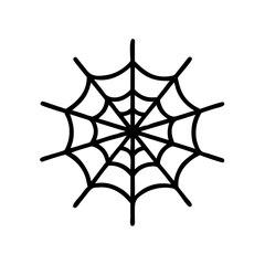 A simple black and white graphic of a spiderweb with radial lines and curved intersections is shown here