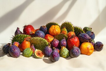 A vibrant still life showcasing a colorful array of figs, prickly pears, and other exotic fruits bathed in sunlight.