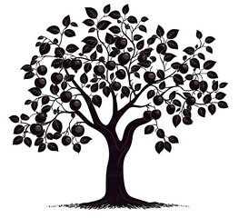 Black silhouetted apple tree with ripe fruit and leaves isolated on white background