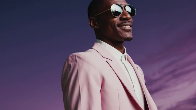 Portrait d&rsquo;un homme &eacute;l&eacute;gant en costume rose sous un ciel violet tropical
