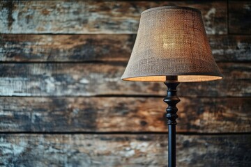 Rustic burlap lampshade illuminates against a weathered wooden backdrop, creating a warm and inviting ambiance.