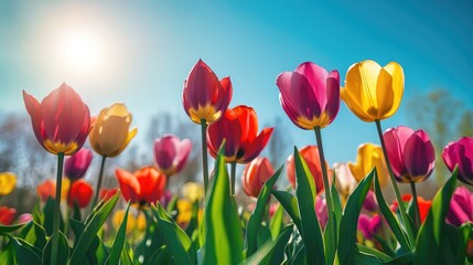Colorful tulips bloom abundantly in spring on a sunny meadow