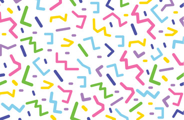 Seamless Memphis-style geometric pattern featuring playful, retro 80s and 90s elements. Includes simple shapes like , arrows, triangles, circles, zigzags, spirals, and wavy lines..
