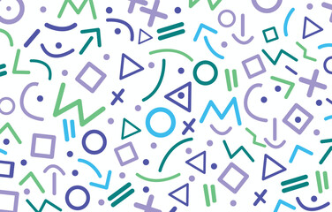 Modern set of basic shapes including arrow, triangle, circle,  zigzag, spiral, and wavy lines. Stylish Memphis-inspired geometric pattern. Fun and abstract retro background in 80s and 90s.