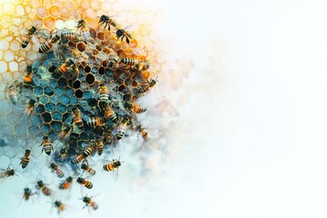 A swarm of honeybees clustered around a honeycomb, showcasing their intricate hexagonal structure and teamwork.