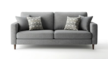Fototapeta premium Modern Gray Sofa with Patterned Cushions on White
