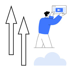 Man holding video in browser, upward arrows indicating growth, cloud symbolizing storage and innovation. Ideal for content creation, digital growth, online learning, cloud storage, video marketing