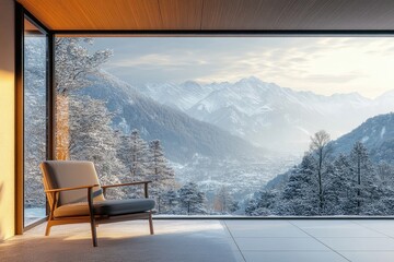A cozy armchair faces a breathtaking panoramic view of snow-capped mountains and a winter wonderland.