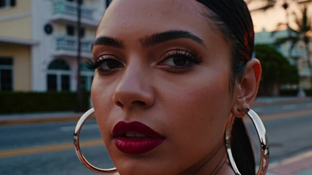 Portrait d&rsquo;une femme sur un boulevard au coucher du soleil, boucles d&rsquo;oreilles dor&eacute;es et regard intense
