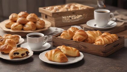 Rich coffee with a box of assorted pastries; delectable morning treat , food, consume, delicious