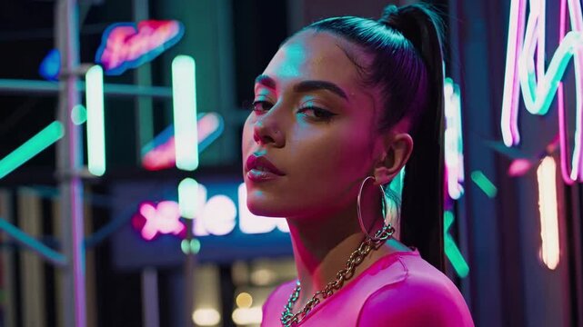 Portrait d&rsquo;une femme devant des enseignes n&eacute;on color&eacute;es, attitude confiante et rebelle

