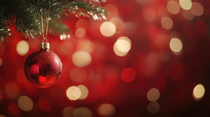 Fototapeta premium Decorations of tree ornaments on blurry red backdrop