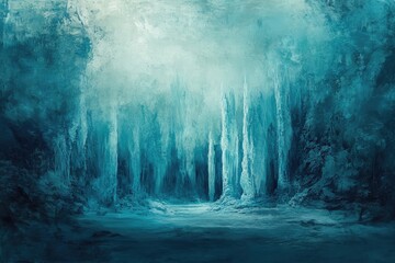 A mystical icy landscape with towering frozen formations resembling a path into a winter wonderland.