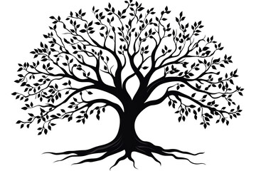 Obraz premium Silhouette illustration of a majestic tree with leaves and roots against a white background