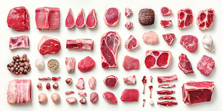 Arrangement of various cuts of raw meat on white surface