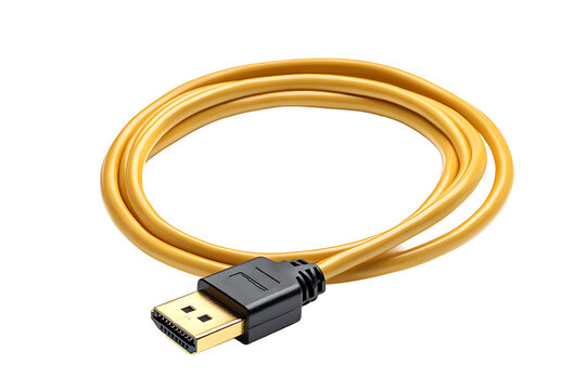 A coiled yellow displayport cable with black connector on a black background in a studio shot