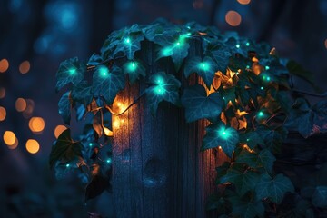 Enchanted ivy-covered post illuminated by warm and teal fairy lights at night.