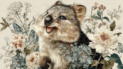 Obraz premium A furry dog surrounded by flowers and foliage with its mouth open and tongue out, displaying a wide grin