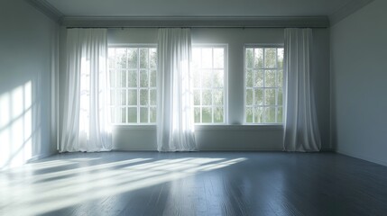 Obraz premium Empty room with white curtains and backlit window