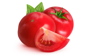 Tomatoes and basil on isolated white background. Whole tomatoes and slice. 