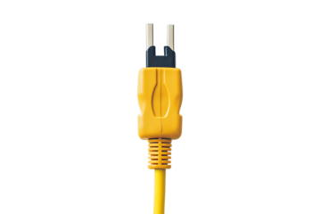 Close up of a yellow fiber optic cable connector on a black background studio shot centered view